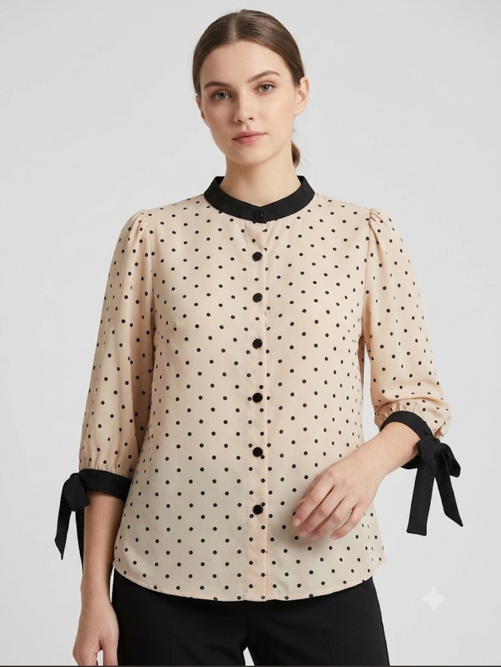 Sweet Wanderer Beige Polka Dot Button-Down Blouse with Black Trim